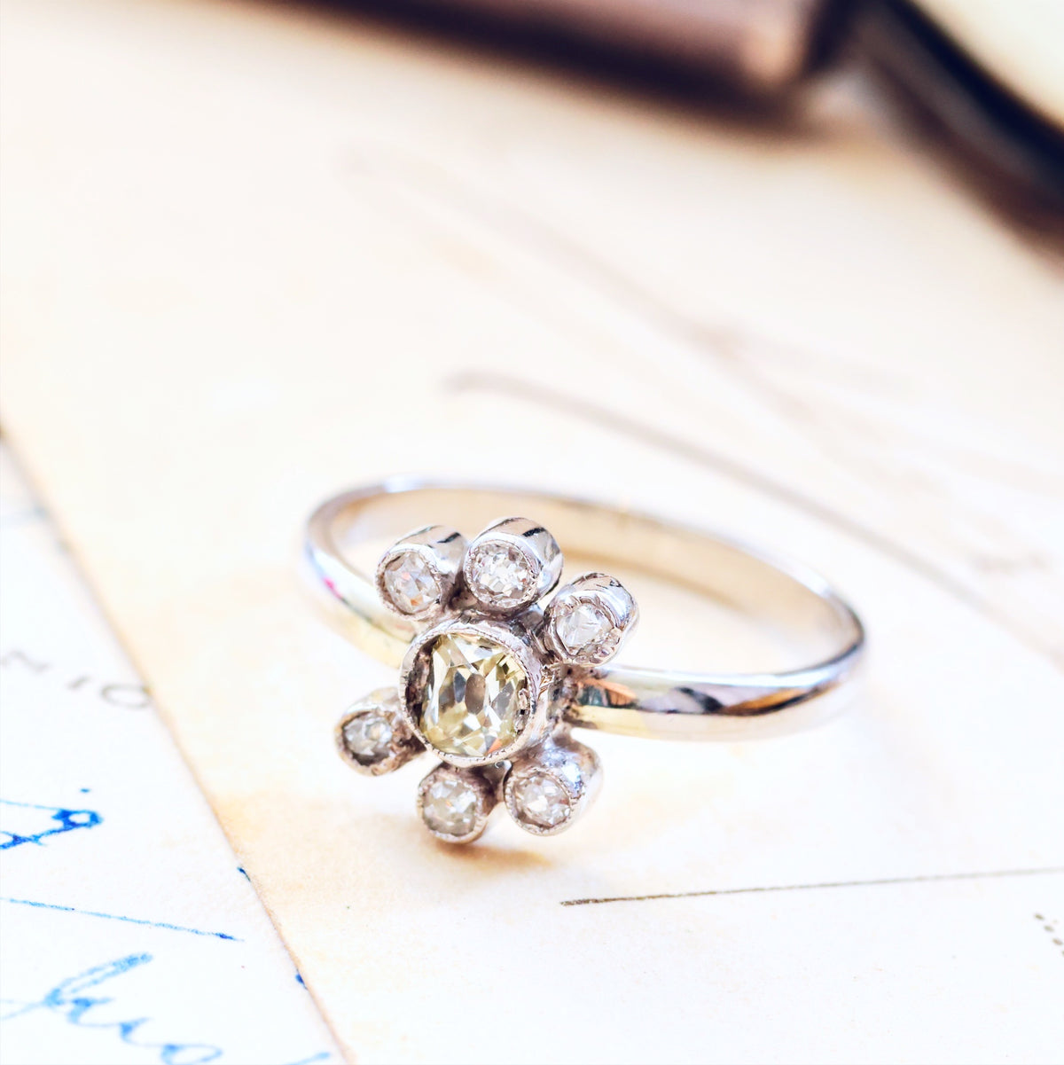 Unique Recycled Peruzzi Cut Diamond Cluster Ring