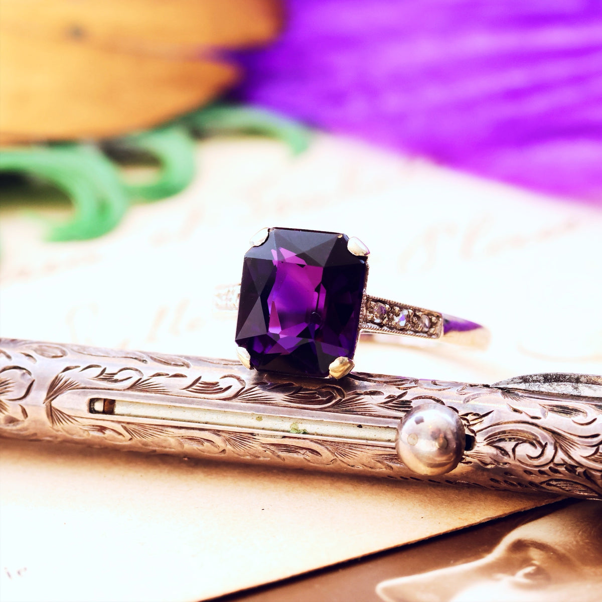 1950's Art Deco Amethyst & Diamond Dress Ring