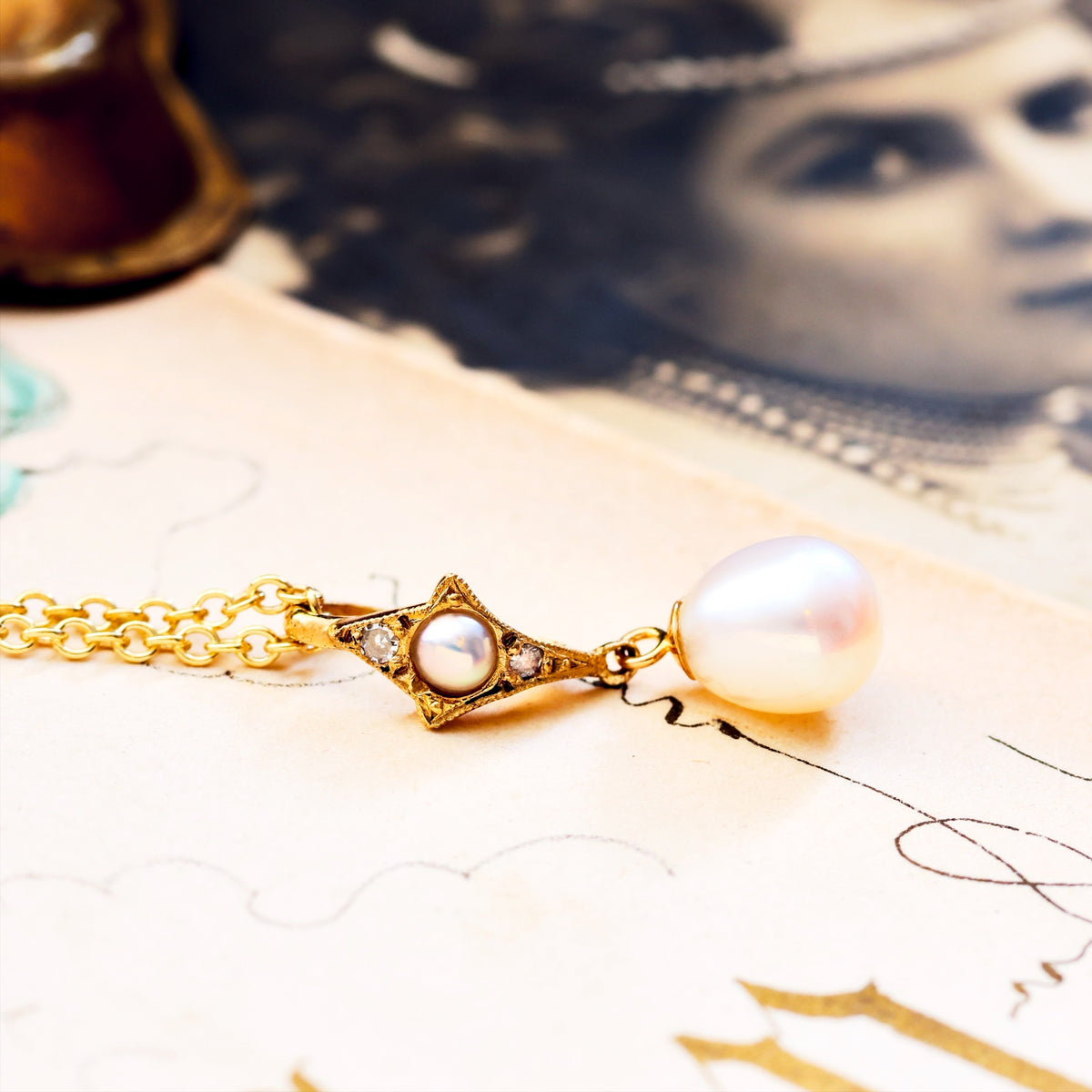 Recycled Vintage Cultured Pearl & Diamond Pendant