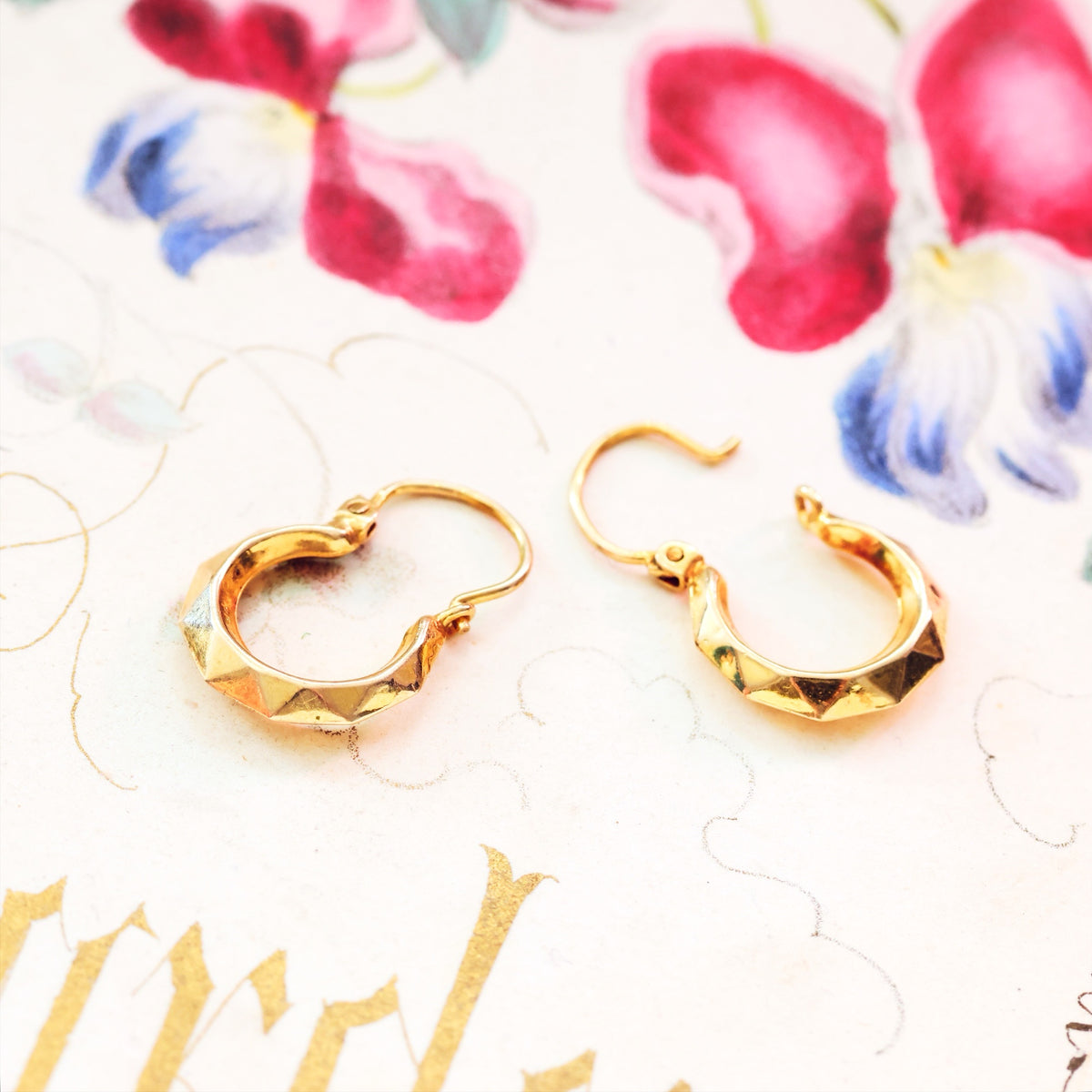 Vintage Date 1972 9ct Gold Faceted Hoop Earrings