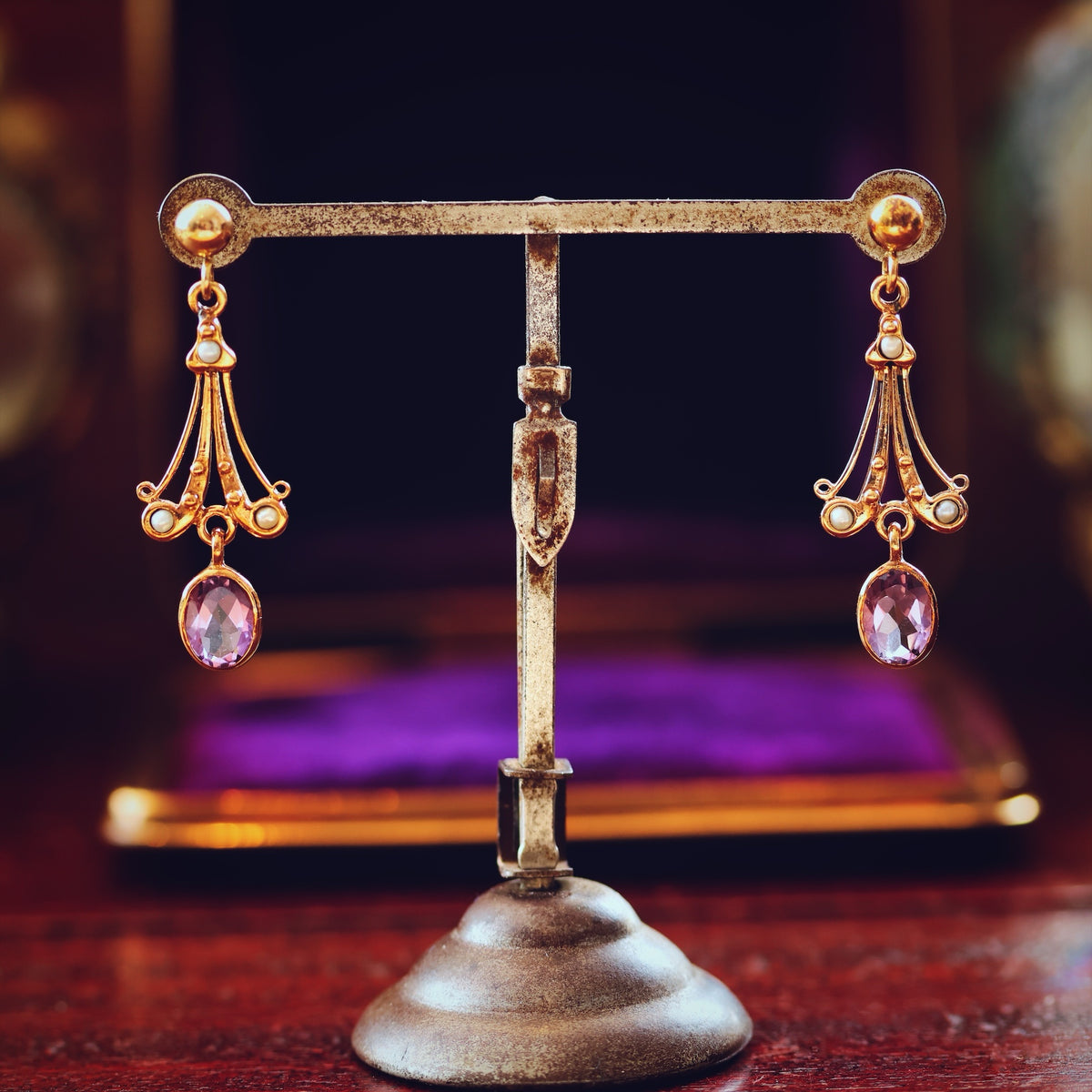 Vintage Edwardian Style Amethyst & Seed Pearl Drop Earrings