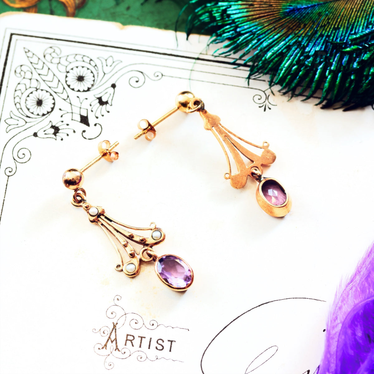 Vintage Edwardian Style Amethyst & Seed Pearl Drop Earrings