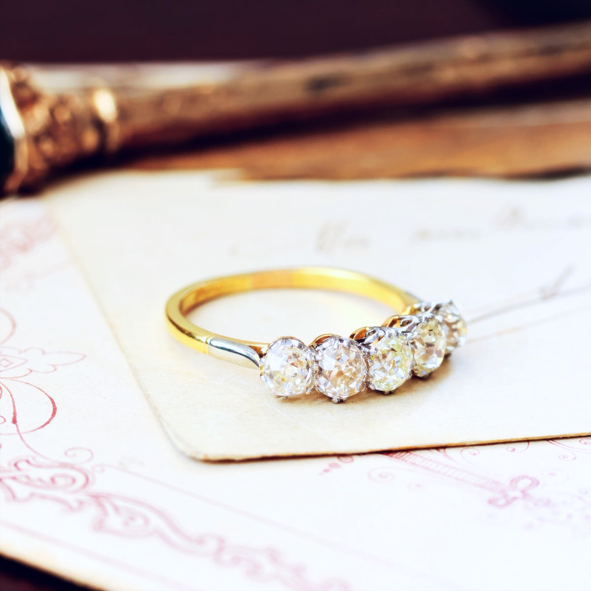 Superior Vintage Five Stone Hand Cut Diamond Engagement Ring