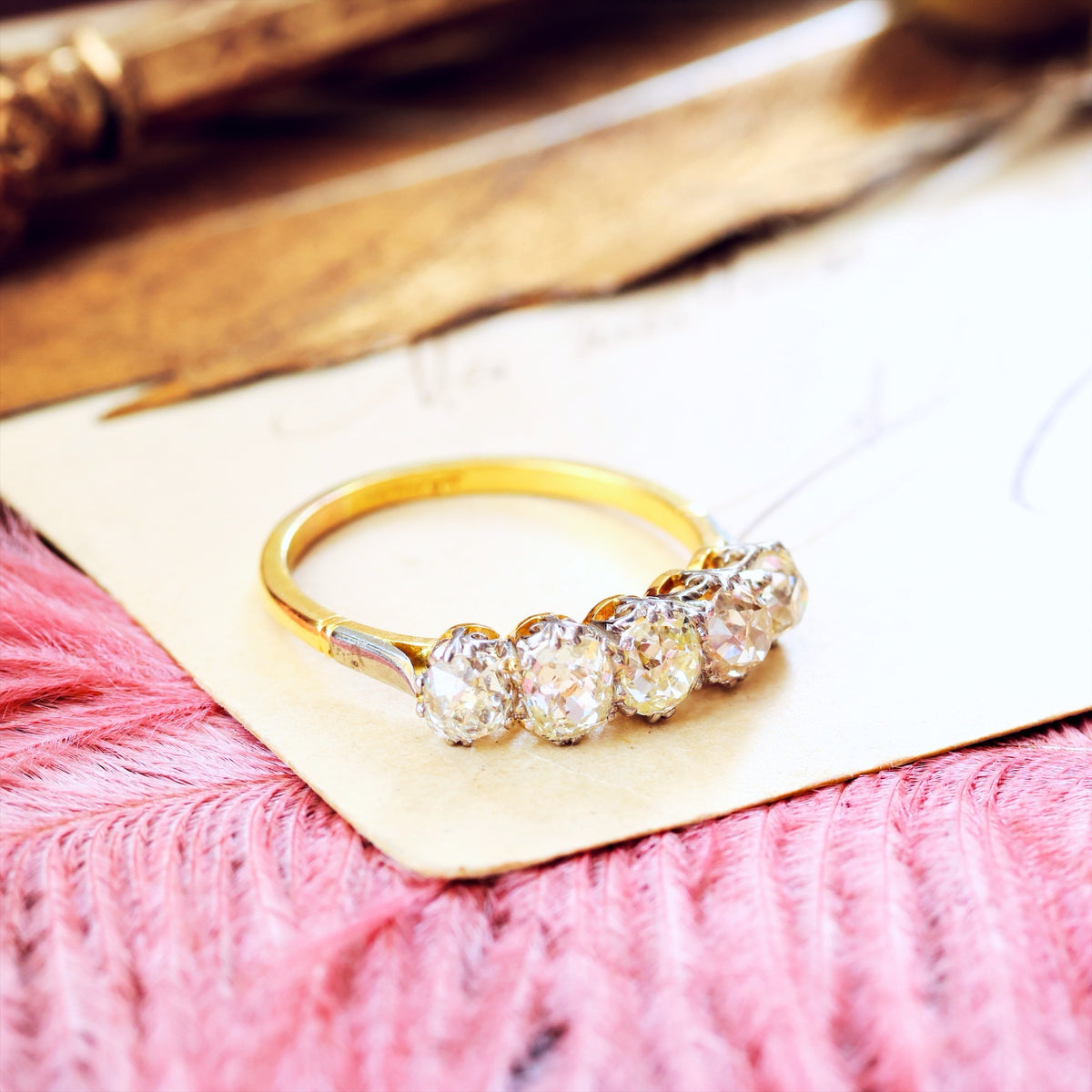 Superior Vintage Five Stone Hand Cut Diamond Engagement Ring