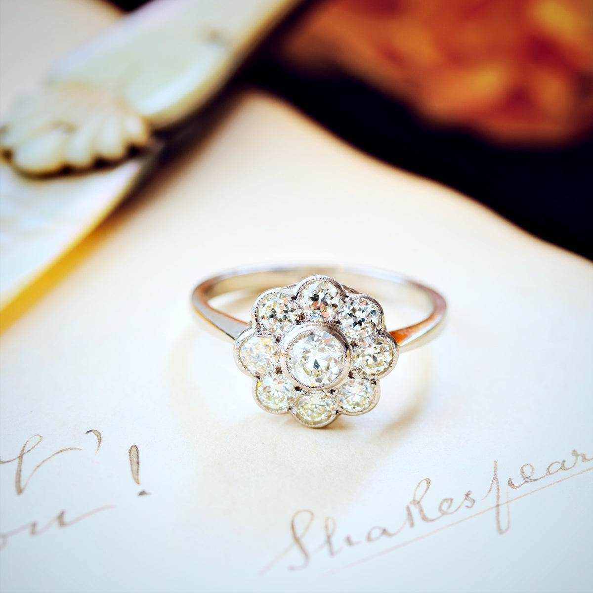 Pristine Vintage Platinum Diamond Daisy Engagement Ring
