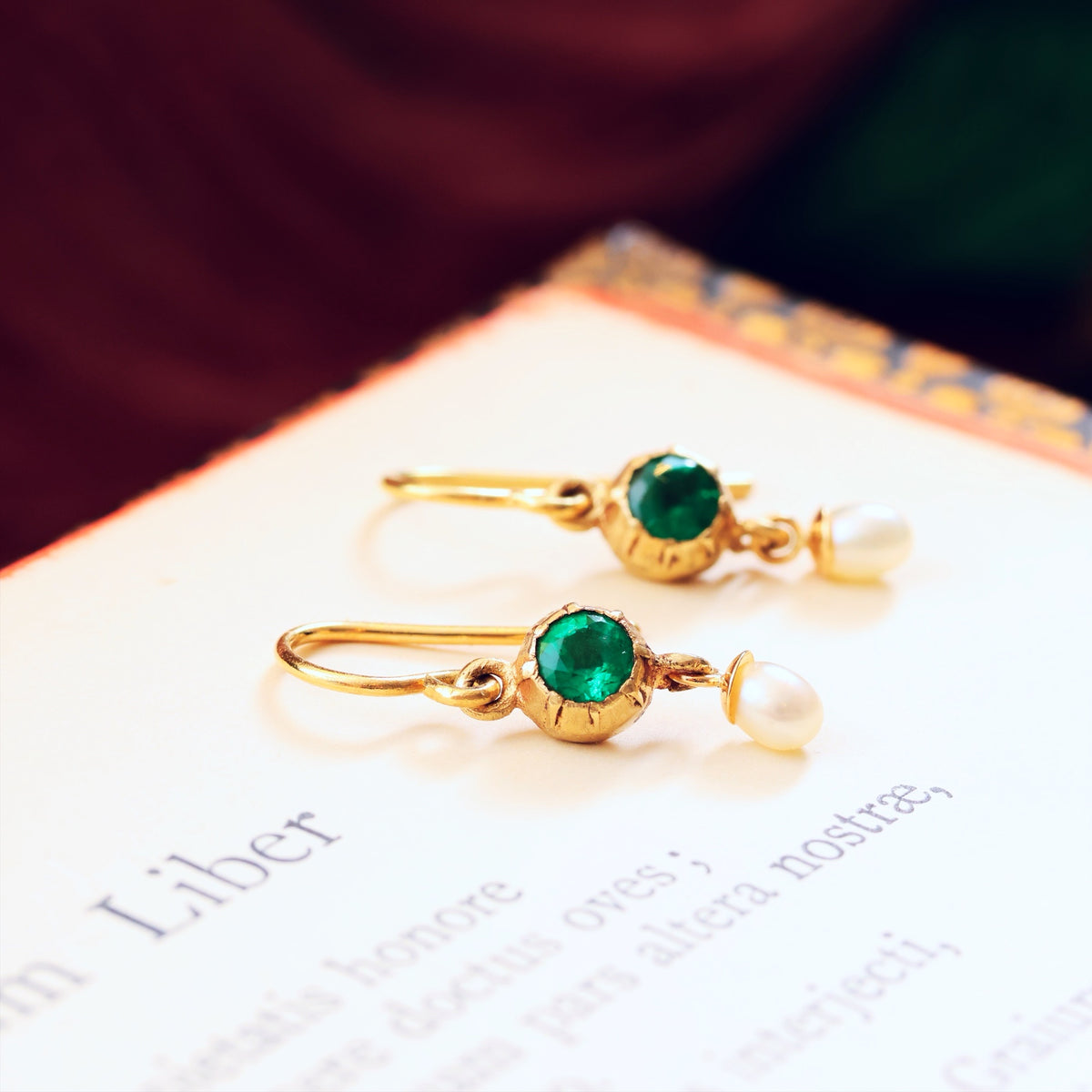 Renaissance Style Emerald & Wild Pearl Drop Earrings