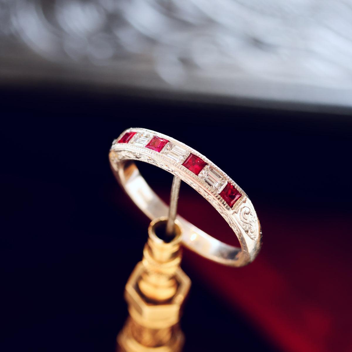 Pristine Ruby and Emerald Cut Diamond Band