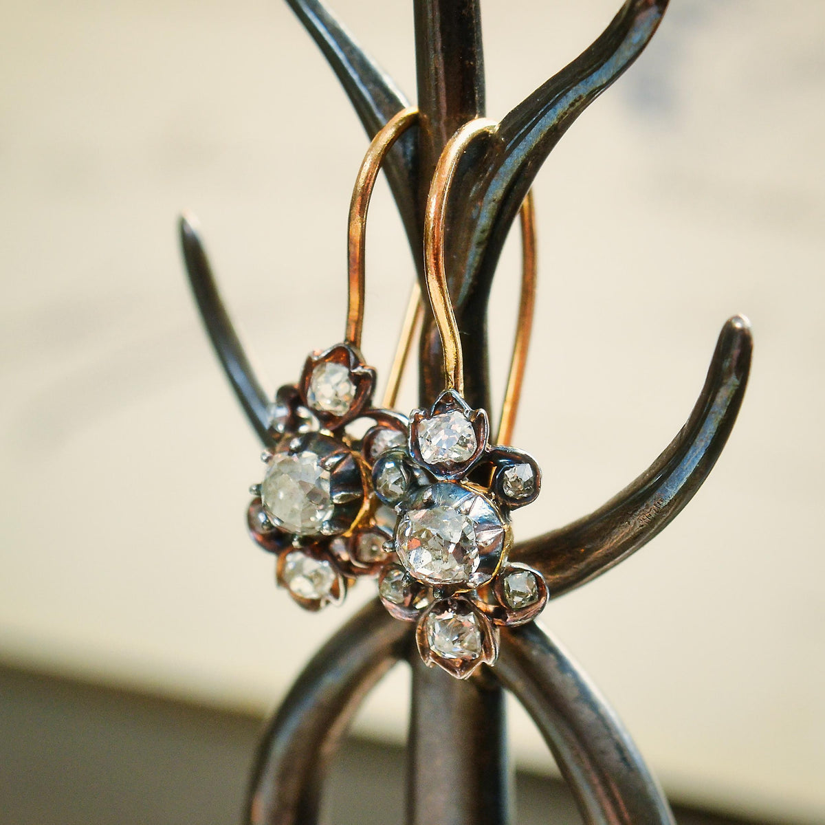 Antique Hand Cut Diamond 'Poissarde' Style Earrings