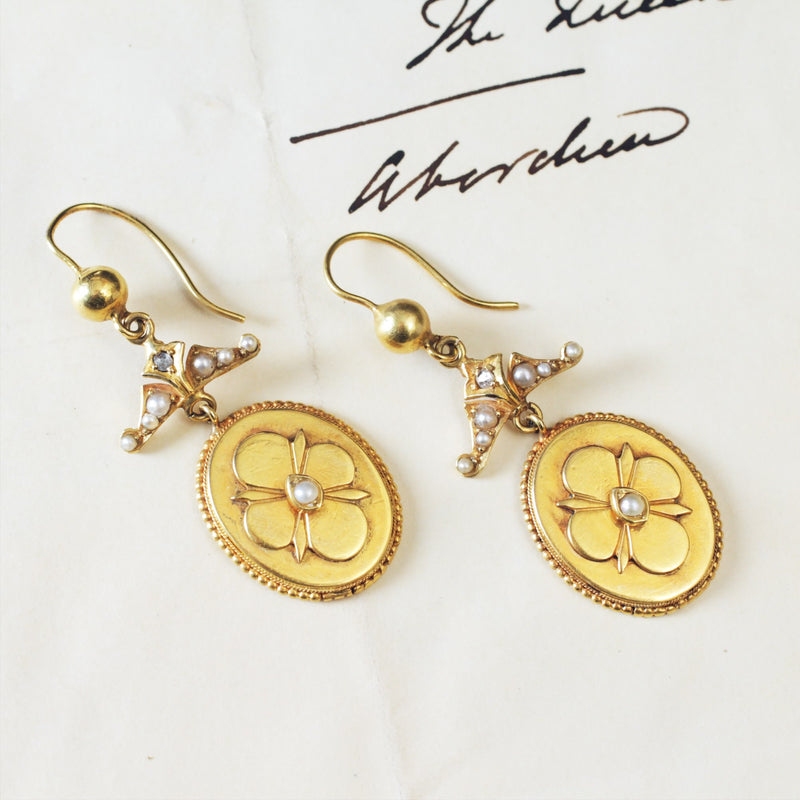 Dreamy Antique 15ct Gold Diamond & Pearl Earrings