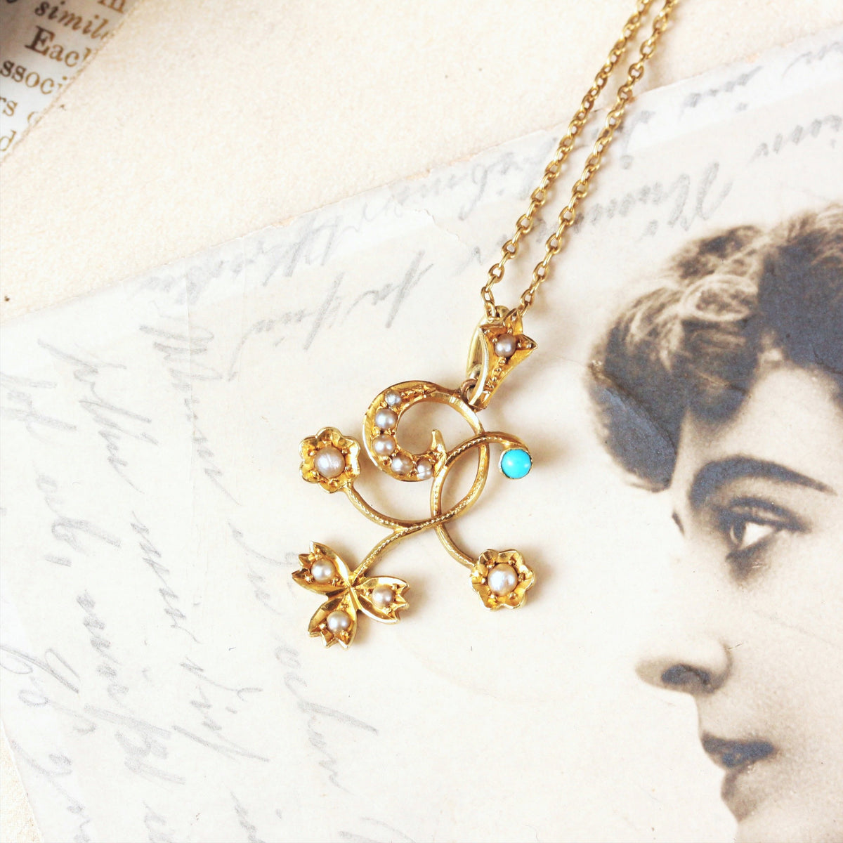 Antique 15ct Gold Victorian Turquoise & Seed Pearl Pendant